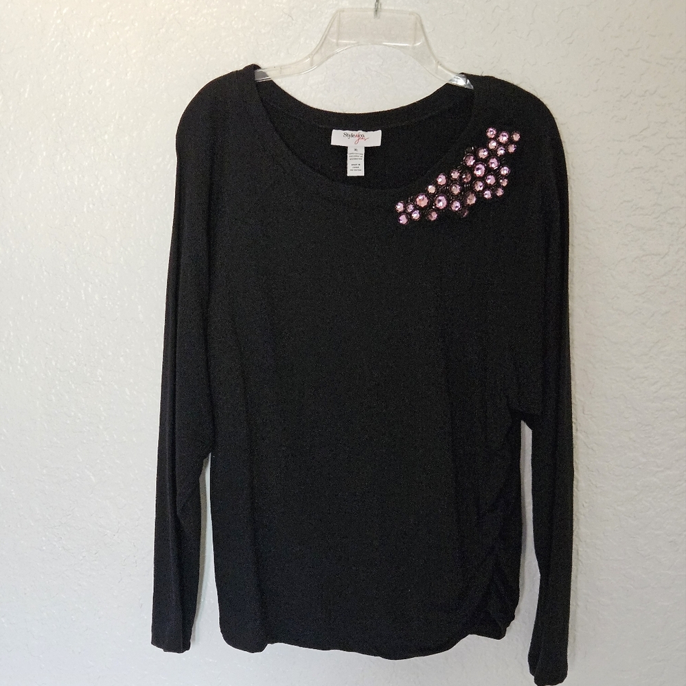 "STYLE & CO" Beautiful Black Top with Pink Stone Design